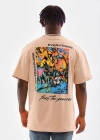 Erkek  Bisiklet Yaka Baskılı Oversize T-Shirt - Bej