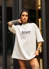 kadın Bisiklet Yaka Baskılı Oversize T-Shirt - Beyaz