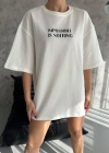 kadın  Bisiklet Yaka Baskılı Oversize T-Shirt - Beyaz