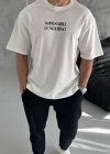 Erkek Bisiklet Yaka Baskılı Oversize T-Shirt - Beyaz