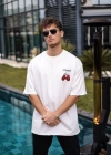 Erkek Bisiklet Yaka Baskılı Oversize T-Shirt - Beyaz