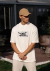 ERKEK Bisiklet Yaka Baskılı Oversize T-Shirt - Beyaz