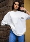 kadın Bisiklet Yaka Baskılı Oversize T-Shirt - Beyaz
