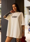 kadın Bisiklet Yaka Baskılı Oversize T-Shirt - Beyaz
