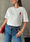 kadın Bisiklet Yaka Baskılı Oversize T-Shirt - Beyaz