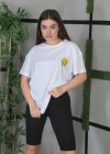 Kadın Bisiklet Yaka Baskılı Oversize T-Shirt - Beyaz