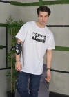 ERKEK Bisiklet Yaka Baskılı Oversize T-Shirt - Beyaz