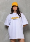 kadın Bisiklet Yaka Baskılı Oversize T-Shirt - Beyaz