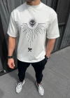 ERKEK  Bisiklet Yaka Baskılı Oversize T-Shirt - Beyaz