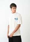 Erkek Bisiklet Yaka Baskılı Oversize T-Shirt - Beyaz