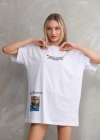 kadın Bisiklet Yaka Baskılı Oversize T-Shirt - Beyaz