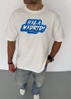 Erkek  Bisiklet Yaka Baskılı Oversize T-Shirt - Beyaz
