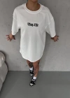 kadın  Bisiklet Yaka Baskılı Oversize T-Shirt - Beyaz