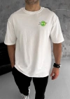 Erkek Bisiklet Yaka Baskılı Oversize T-Shirt - Beyaz