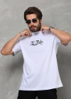 Erkek Bisiklet Yaka Baskılı Oversize T-Shirt - Beyaz