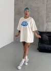 kadın Bisiklet Yaka Baskılı Oversize T-Shirt - Beyaz