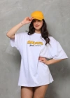 kadın Bisiklet Yaka Baskılı Oversize T-Shirt - Beyaz
