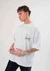 Erkek Bisiklet Yaka Baskılı Oversize T-Shirt - Beyaz