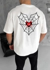 ERKEK Bisiklet Yaka Örümcek Baskılı Oversize T-Shirt - Beyaz