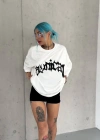 kadın Bisiklet Yaka Baskılı Oversize T-Shirt - Beyaz