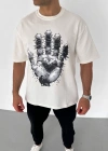 Erkek Bisiklet Yaka Baskılı Oversize T-Shirt - Beyaz