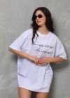 kadın Bisiklet Yaka Baskılı Oversize T-Shirt - Beyaz