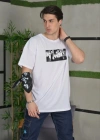 ERKEK Bisiklet Yaka Baskılı Oversize T-Shirt - Beyaz