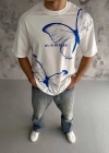 Erkek  Bisiklet Yaka Baskılı Oversize T-Shirt - Beyaz