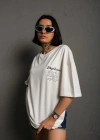 kadın Bisiklet Yaka Baskılı Oversize T-Shirt - Beyaz