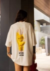 kadın Bisiklet Yaka Baskılı Oversize T-Shirt - Beyaz