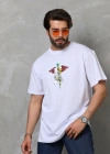 Erkek Bisiklet Yaka Baskılı Oversize - Beyaz