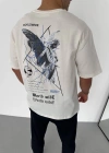 Erkek Bisiklet Yaka Baskılı Oversize T-Shirt - Beyaz