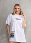 kadın Bisiklet Yaka Baskılı Oversize T-Shirt - Beyaz