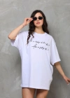 kadın Bisiklet Yaka Baskılı Oversize T-Shirt - Beyaz