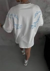 Kadın Bisiklet Yaka Baskılı Oversize T-Shirt - Beyaz