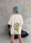 kadın Bisiklet Yaka Baskılı Oversize T-Shirt - Beyaz