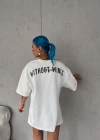 kadın  Bisiklet Yaka Baskılı Oversize T-Shirt - Beyaz