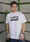 ERKEK Bisiklet Yaka Baskılı Oversize T-Shirt - Beyaz