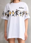 kadın  Bisiklet Yaka Baskılı Oversize T-Shirt - Beyaz
