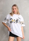 kadın  Bisiklet Yaka Baskılı Oversize T-Shirt - Beyaz