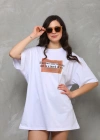 kadın Bisiklet Yaka Baskılı Oversize T-Shirt - Beyaz