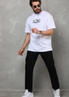 Erkek Bisiklet Yaka Baskılı Oversize T-Shirt - Beyaz
