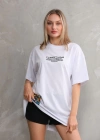 kadın Bisiklet Yaka Baskılı Oversize T-Shirt - Beyaz