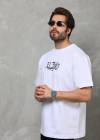 Erkek Bisiklet Yaka Baskılı Oversize T-Shirt - Beyaz