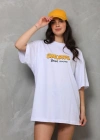 kadın Bisiklet Yaka Baskılı Oversize T-Shirt - Beyaz