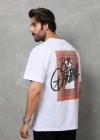 Erkek Bisiklet Yaka Baskılı Oversize T-Shirt - Beyaz