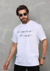 Erkek  Bisiklet Yaka Baskılı Oversize T-Shirt - Beyaz