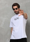 Erkek Bisiklet Yaka Baskılı Oversize T-Shirt - Beyaz