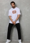 Erkek Bisiklet Yaka Baskılı Oversize T-Shirt - Beyaz