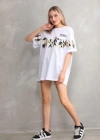 kadın  Bisiklet Yaka Baskılı Oversize T-Shirt - Beyaz
